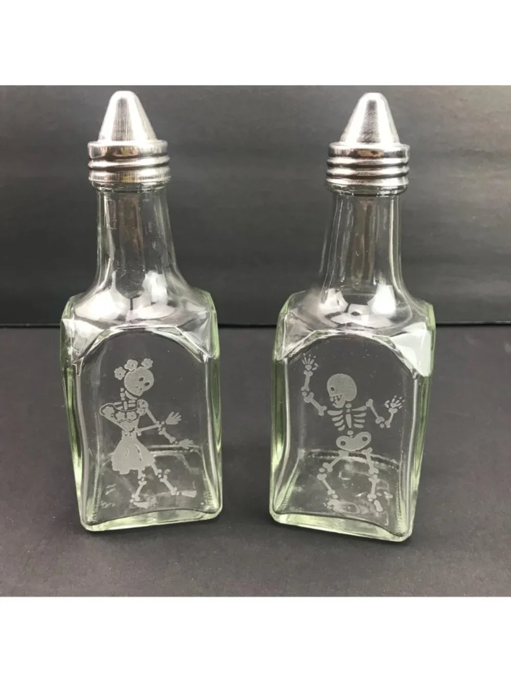 Skeleton Etched Glass Oil Vinegar Halloween Dispensers Bottles Metal Set Of 2